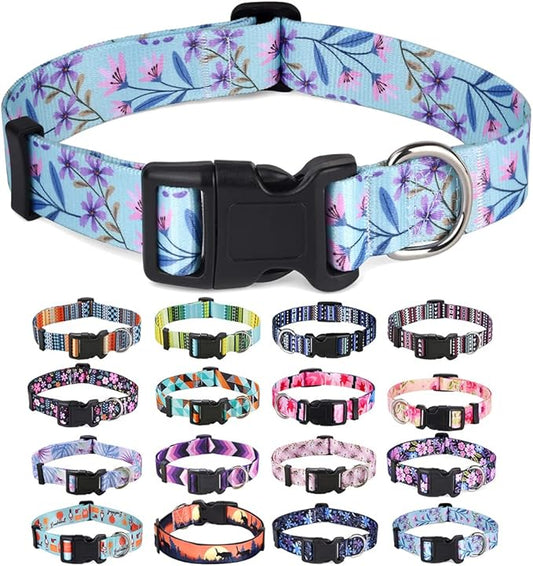 Dog Collar with Bohemia Floral Tribal Geometric Patterns - Soft Ethnic Style Collar Adjustable for Small Medium Large Dogs(Floral Purple,L)