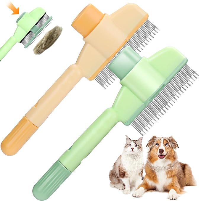 XANGNIER 2 Pcs Pet Hair Removal Comb One-Click Self-Cleaning Grooming Brush, De-Shedding Comb for Short & Long Hair, Pet Grooming Supplies for Cats & Dogs