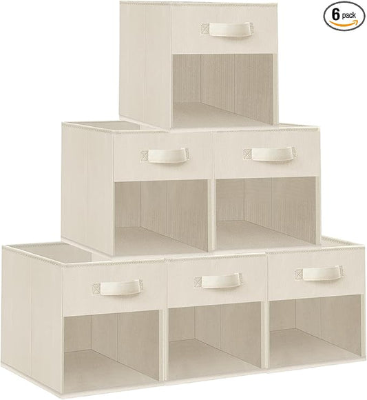 Storage Bins with Clear Window, 11x11 Storage Cubes, Collapsible Cube Storage Box, Fabric Closet Organizers with Handles for Home, Office, Shelf, Closets, Living Room, Beige, 6 Pack
