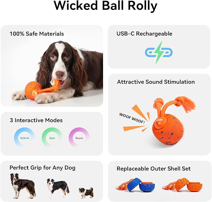 Cheerble Smart Interactive Dog Toy, Wicked Ball Rolly, Automatic Moving, Bouncing, Rotating, E-TPU Material, with Rope & Barks Sound Active Rolling Interactive Dog Ball for Medium and Large Dogs
