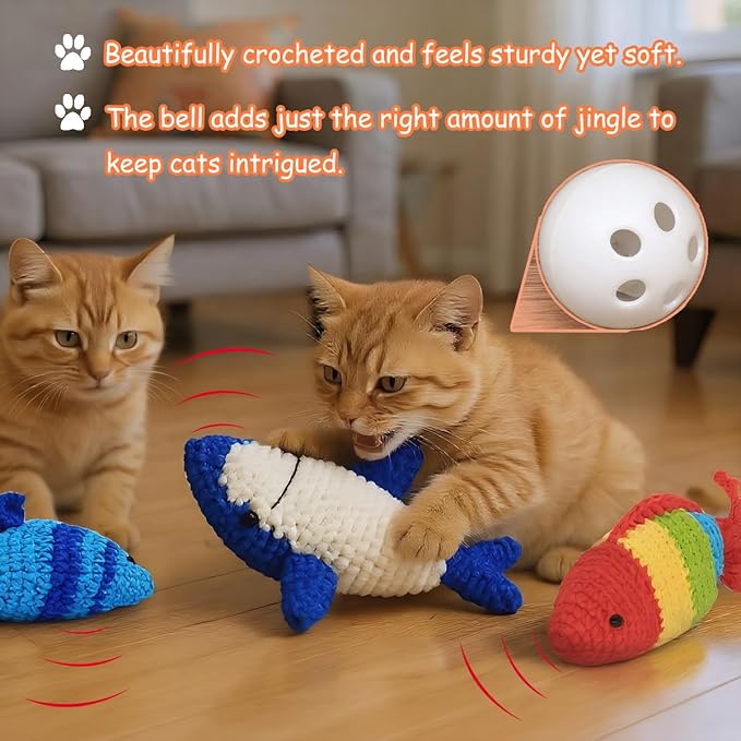 Cat Toys with Catnip & Bell Soft Natural Cat Nip Toys for Indoor Cats Hand Crocheted Interactive Kitten Fish Toys