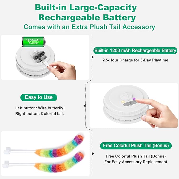 Interactive Cat Toys for Indoor Cats,[Newly Upgraded] Rechargeable Touch Activated Hide and Seek Kitten Toys for Bored Indoor Adult Cats with Fluttering (Green)