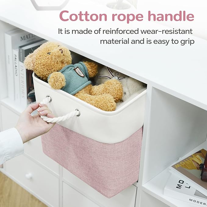 13 x 13 Inch Cube Storage Bins, 6 Pack Fabric Storage Basket with Handles, Foldable Boxes Organizer for Shelf Baskets for Home, Clothes, Toys (White/Pink)
