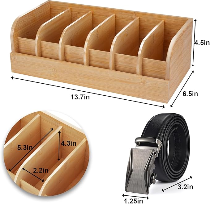 GTI Belt Organizer, 6 Compartments Belt Organizer for Closet and Drawer, Bamboo Display Case for Tie and Belt, Belt Storage Organizer for Men Women (Wooden)