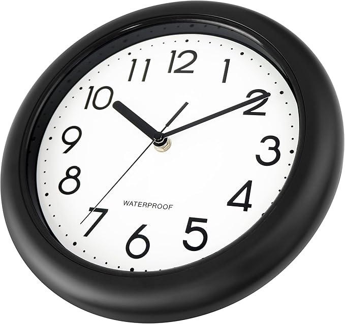 Caysie 10 Inch Sealed Indoor Outdoor Clock Waterproof, Silent Battery Operated Weatherproof Wall Clocks for Pool Patio Outside Home (Black)