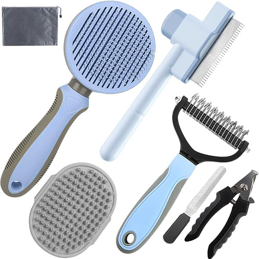 Dog Brush for Shedding,7 PCS Pet Grooming Brush Kit to De-fur & Hair Slicker Deshedding Brushes with Undercoat Rake Comb Bath Brush&Nail Clipper for Grooming Short Long Haired Dogs Cats Blue
