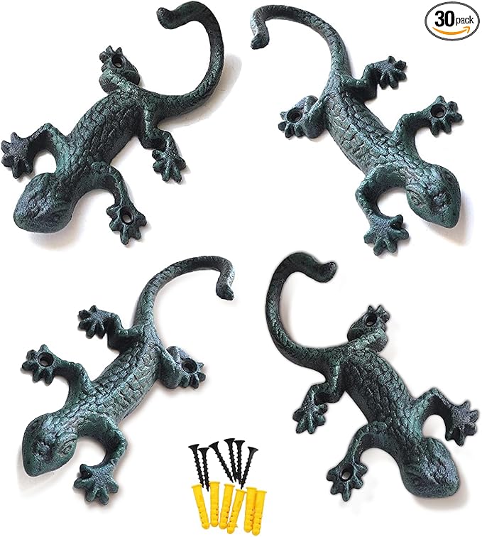 Outdoor Cast Iron Pool Towel Wall Hooks, Lovely Gecko Heavy-Duty Coat Hooks, Fun Lizard Pool Towel Holder for Outdoor and Indoor，Cool Gecko Key Holder and Wall Decor (4 Pcs)