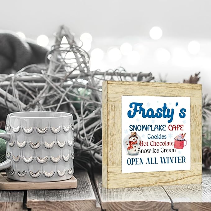 Winter Hot Cocoa Bar Sign Winter Snowman Signs for Home Decor Coffee Bar Christmas Decor for Table Frosty's Snowflake Cafe Sign 6 x 6 inches