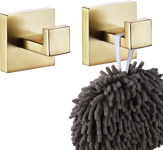 KOKOSIRI Bath Towel Hook Wall Mount Square Robe Hook Coat Hook, Bathroom Kitchen Garage Heavy Duty Wall Mounted, SUS 304 Stainless Steel, Brushed Gold, B1010BG-P2