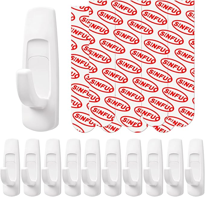 Utility Wall Hooks for Hanging Large 10 Hooks, Damage Free Hanging Wall Hooks with Adhesive Strips, Heavy Duty Adhesive Hooks Damage Free for Key Holder, Coat, Door, Shower Hanging