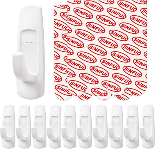 Utility Wall Hooks for Hanging Large 10 Hooks, Damage Free Hanging Wall Hooks with Adhesive Strips, Heavy Duty Adhesive Hooks Damage Free for Key Holder, Coat, Door, Shower Hanging