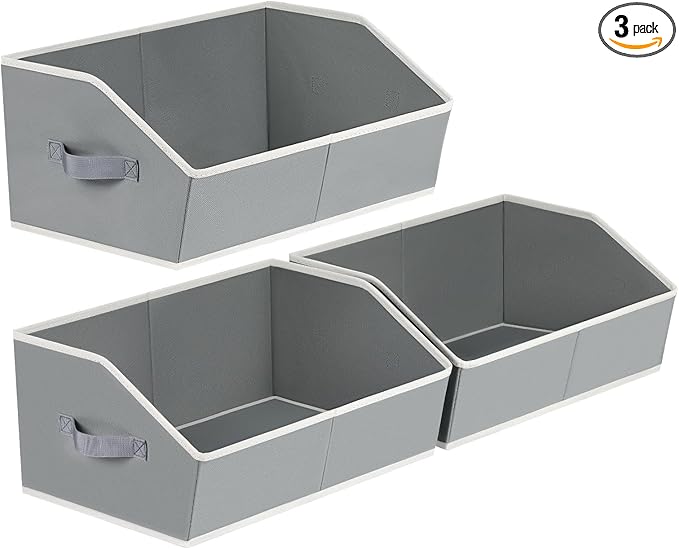 Trapezoid Closet Shelf Organizer - Large Baskets for Organizing, Fabric Storage Cubes for Shelves, Storag Organizers Bins for Clothes, Blankets, 3 Pack, Grey