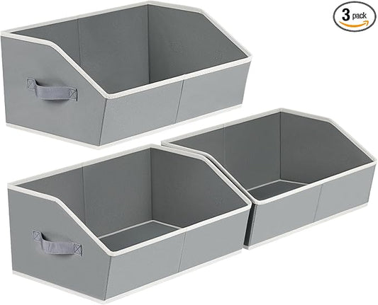 Trapezoid Closet Shelf Organizer - Large Baskets for Organizing, Fabric Storage Cubes for Shelves, Storag Organizers Bins for Clothes, Blankets, 3 Pack, Grey