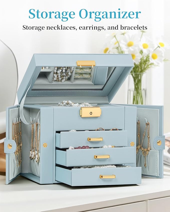 TORIBIO Jewelry Box for Women, Leather Jewelry Organizer with Mirror & Lock, 4-Tier Jewelry Storage Organizer with 3 Drawers for Girls/Women/Mothers, Necklace Earring Bracelets Holder Organizer