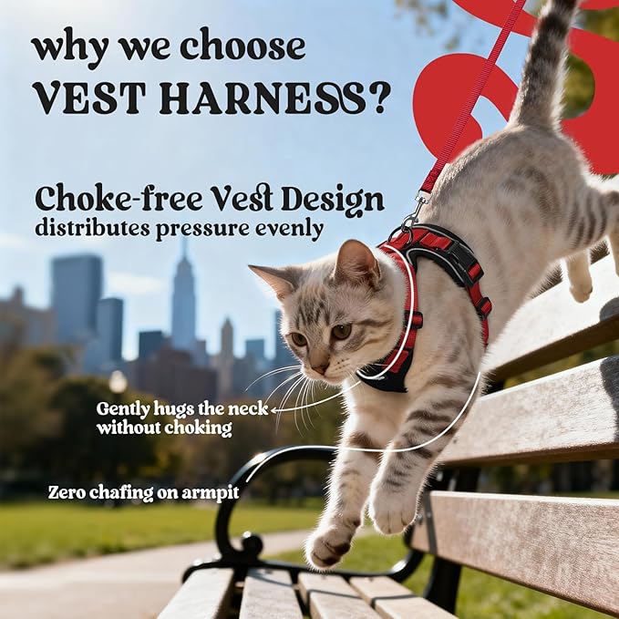 rabbitgoo Cat Harness and Leash for Walking, Escape Proof Soft Adjustable Vest Harnesses for Cats, Easy Control Breathable Reflective Strips Jacket, Black & Red, S