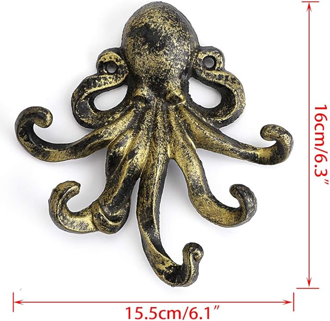 Sumnacon 6 Inch Cast Iron Octopus Decorative Coat Hook - Wall Mounted Nautical Hand Towel Rack Holder with Screws, Rustic Metal Clothing Hanger for Bedroom/Bathroom/Kitchen/Balcony, Green Bronze
