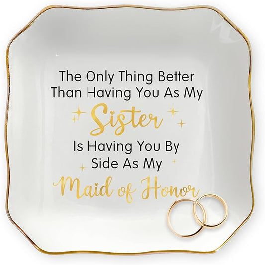 OASSIE Valentines Day Gifts for Women - 4"x4" Ceramic Jewelry Dish Tray - Wedding Bridesmaid Gifts for Sister, Ring Holder for Women, Jewelry Tray for Maid of Honor Proposal