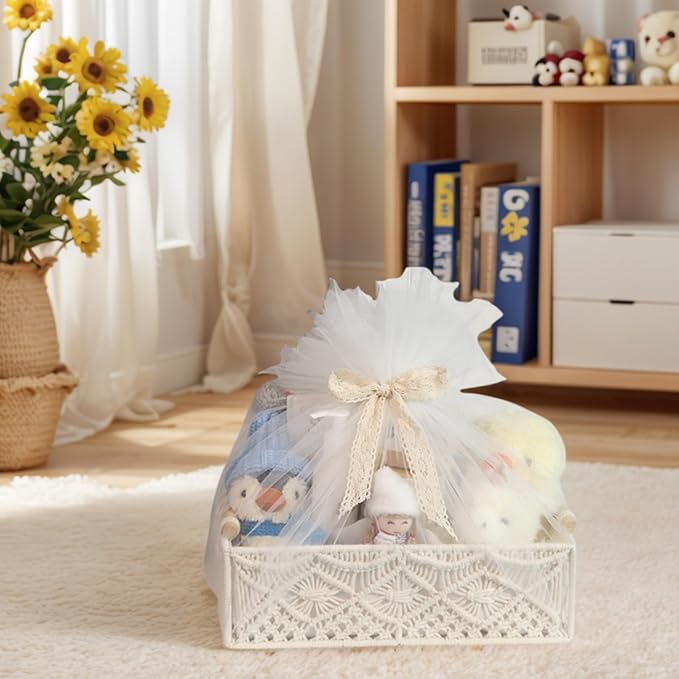 BROWNLILY Macrame Storage Baskets Boho Decor Gift Box Woven Toilet Paper Basket with Wood Handles Home Decorative Baskets for Organizing on Shelf Cabinet Countertop Livingroom - Set of 2