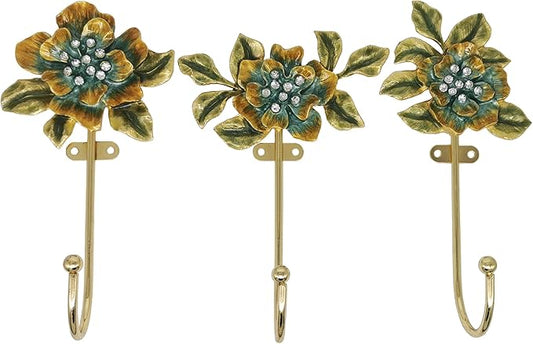 Vintage Flower Shaped Decorative Wall Hooks Rack Hangers for Hanging Clothes Coats Towels Keys Hats, 3 Pack Antique Metal Mounted Wall Hook