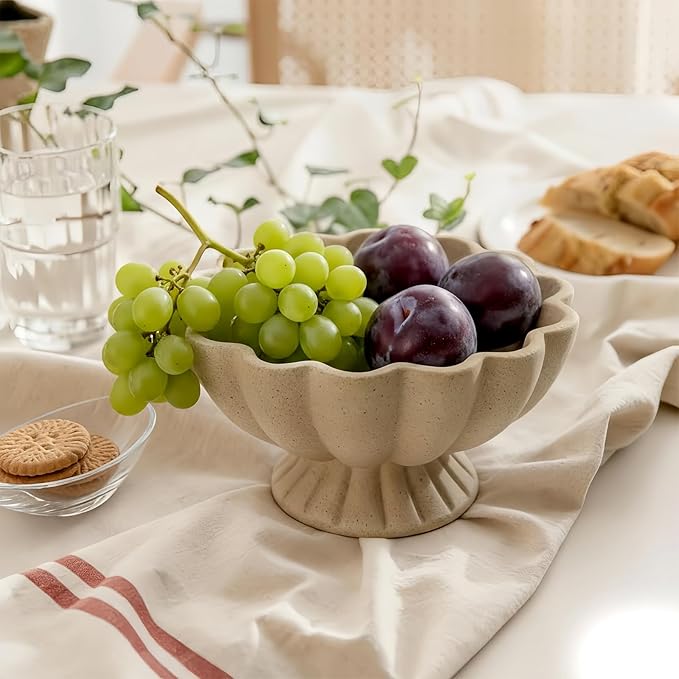 Pedestal Decorative Bowl Home Decor - Morden Resin Handmade Decorative Fruit Bowl for Kitchen Counter, Chic Ruffle Bowl Centerpiece Decor for Dining Table Coffee Table (Artificial Stone Beige)