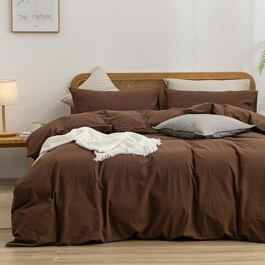 BESTOUCH Duvet Cover Set 100% Washed Cotton Linen Feel Super Soft Comfortable Chic Lightweight 3 PCs Home Bedding Set Solid Cocoa Brown Super Queen