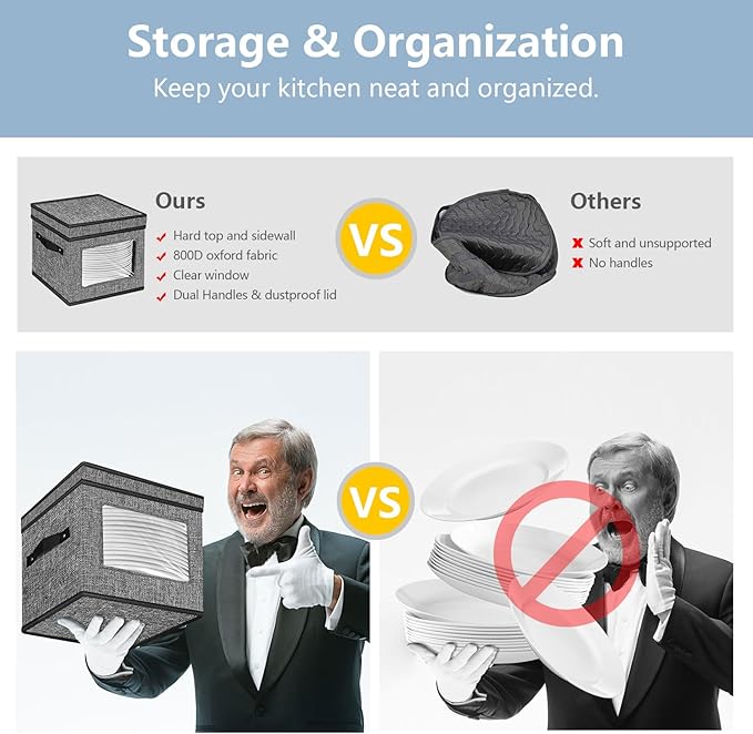 homyfort China Storage Containers With Lid and Handles, Dinnerware Storage Box for Dishes with 12 Felt Dividers, Hold 24 Plates, 12x 12, Set of 2, Grey