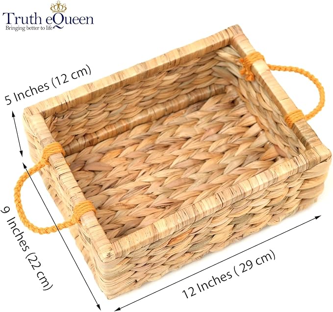 Water Hyacinth Storage Baskets For Organizing, Wicker Baskets For Storage With Macrame Handle, Small Woven Basket Small Wicker Blanket Basket For Organizing, Rectangular Woven Blanket 12x9x5 In