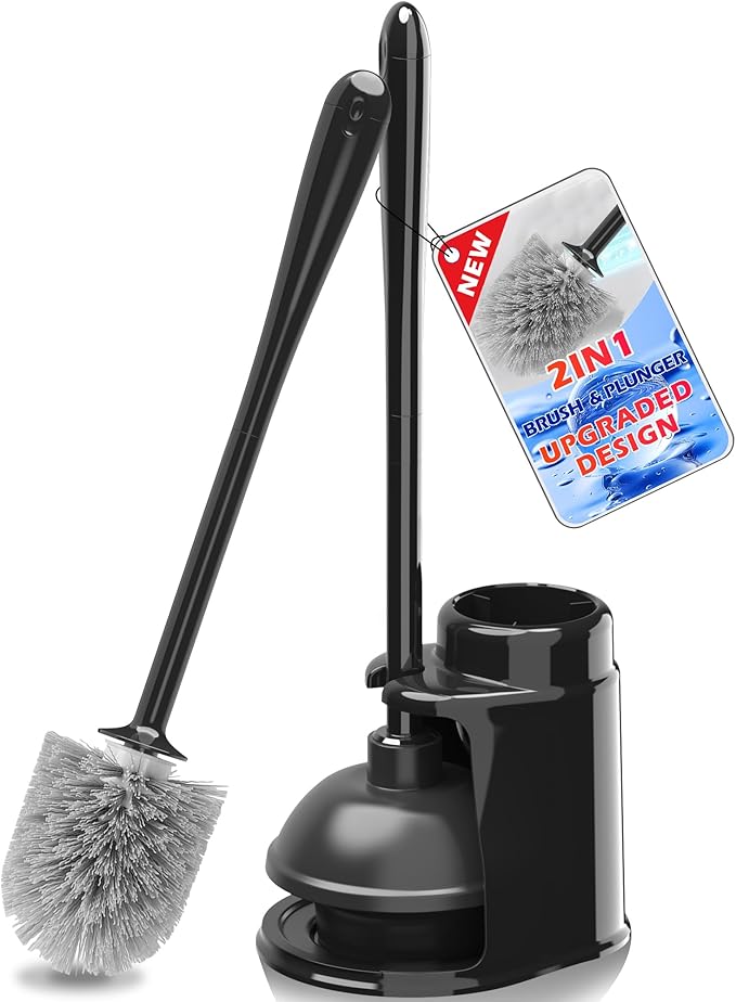 JEHONN Toilet Plunger and Brush Set Black with Holder and Hidden Tweezers, Heavy Duty Bathroom Bowl Scrubber Cleaning Kit for Bathtub Sink Wash Basin