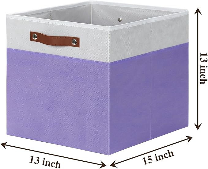 Temary Foldable Cube Baskets 4Pack - Clothes Shelf Storage with Handles, Fabric Storage Organizer Bins (White&Purple, 13x15x13 Inch)