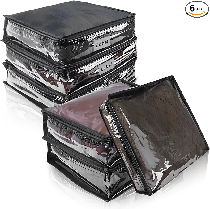 Clear Zippered Storage Bags Plastic Sweater Storage Bags with Zipper 6 Packs Clothing Organizer for Blankets Linen Sweater Bed Sheet Quilt Clothes Pillow (12 x 12 x 4 Inch, Black)