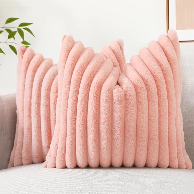 decorUhome Faux Fur Spring Throw Pillow Covers 16x16 Set of 2, Decorative Soft Plush Striped Neutral Couch Pillow Covers with Velvet Back for Sofa, Bed, Living Room Home, Blush Pink