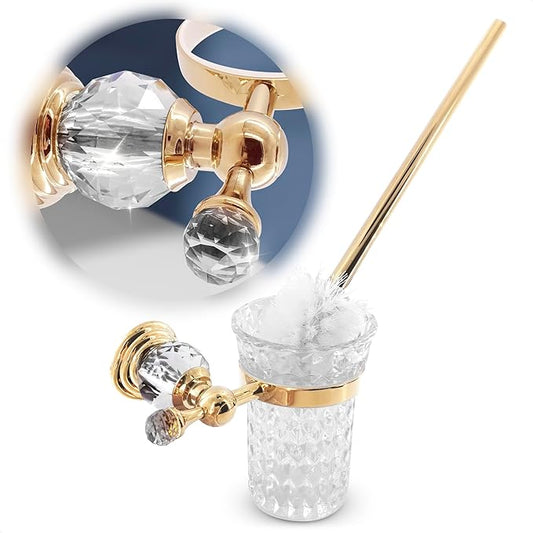Gold Stainless Steel Toilet Brush with Crystal Toilet Brush Holder Set – Wall Mounted Holder, Replaceable Head, Decorative Space-Saving Design Bathroom Toilet Accessory Elegant Toilet Bowl Cleaner Set
