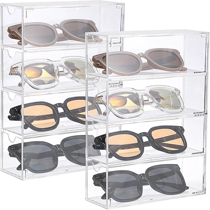 Hipiwe Acrylic Sunglasses Organizer, 2 Pack Glasses Case Multiple Pairs Eyeglass Storage Organizer Sunglass Display Case with 4 Drawer Acrylic Storage Drawers for Jewelry Watch