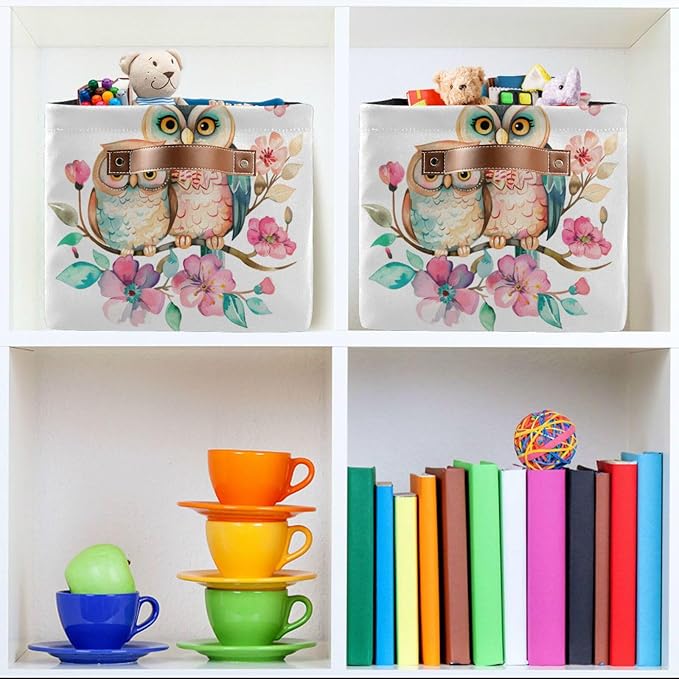 Large Storage Basket Cute Owl Couple Flowers Storage Bin Cube Canvas Fabric Organizer Handles Collapsible for Clothes Toys Bedroom Decorative