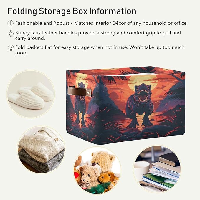 Large Storage Basket Dinosaur Storage Bin Cube Canvas Fabric Organizer Handles Collapsible for Clothes Toys Bedroom Decorative