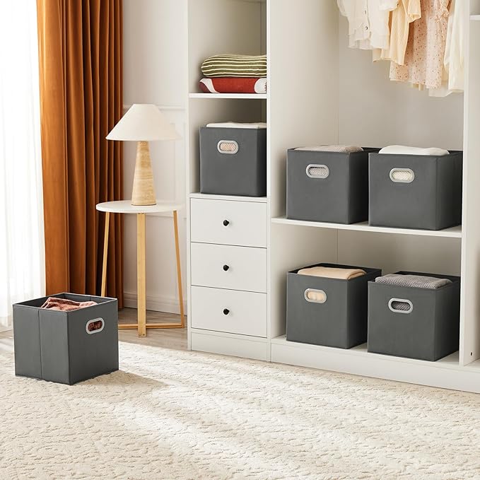 MAX Houser Fabric Storage Bins Cubes Baskets Containers with Dual Plastic Handles for Home Closet Bedroom Drawers Organizers (Cattail Gray)