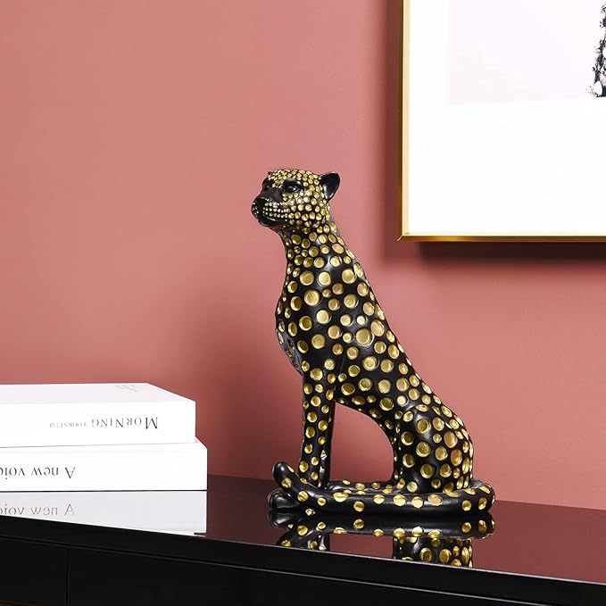 Quoowiit Leopard Sculptures for Home Decor, Modern Sculptures Decorations for Living Room, Bedroom, Table, Bookshelf, Black Resin Leopard Art Decorative Sculpture with Gold Polka Dots Design-Black