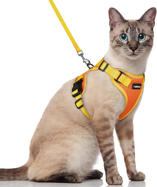 rabbitgoo Cat Harness and Leash Set, Escape Proof Soft Adjustable Vest Harnesses for Outdoor Walking, Easy Control Breathable Kitten Jacket with Reflective Strips, Orange & Yellow, S