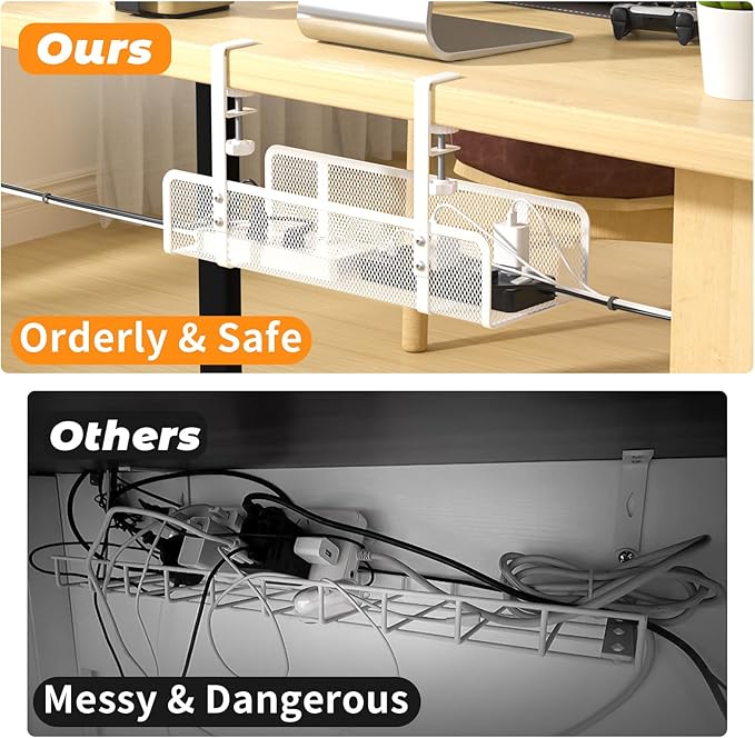 Under Desk Cable Management Tray, Wire Management Desk Cable Organizer Cable Management Box, Cord Organizer Under Desk Storage Cable Raceways for Office, Home - No Damage to Desk No Drill