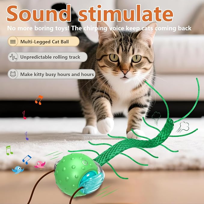 Interactive Cat Toys for Bored Cats, with Chirping, Centipede Motion Wake-up Super Motor Cat Ball on Rug
