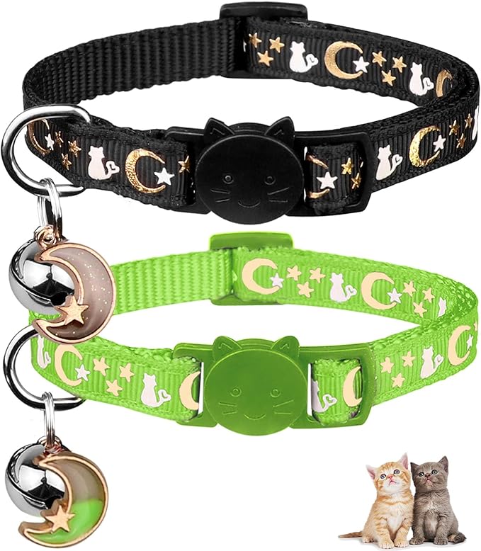2PCS Breakaway Cat Collars with Bell Cute Kitty Glow in The Dark Adjustable Kitten Collars 6.9-10.7 Inch(Green&Black)