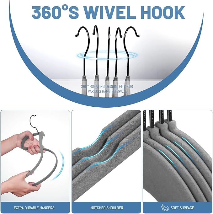 HOUSE DAY Grey Velvet Hangers 60 Pack, Non Slip Felt Hangers, Heavy Duty Velvet Clothes Hanger, Ultra Slim Hanger Space Saving, Perfect for Shirt, Suits, Pants