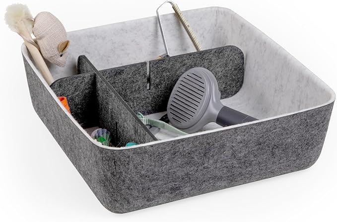 Three by Three Seattle felt·like·it!™ Small Cubby Storage Bin Set of 3 with Dividers – Eco-Friendly Recycled Felt Bins for Home & Office Organization, Charcoal
