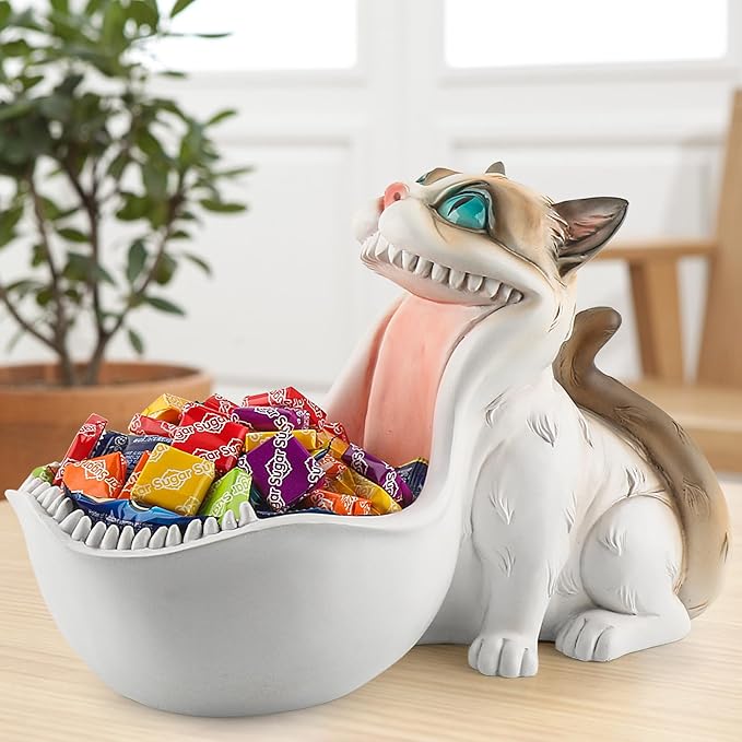 Candy Bowl White Cat Statue Trinket Dish Planter Decorative Bowl Candy Dish for Office Desk Cute Key Bowl for Entryway Table Big Mouth Cat Gifts