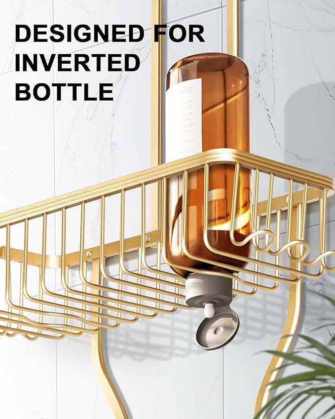 Shower Caddy Hanging - Never Rust Shower Hanging Organizer - Aluminum Over the ShowerHead Caddy with Soap Basket and 6 Razor/Sponge Hooks (Gold)