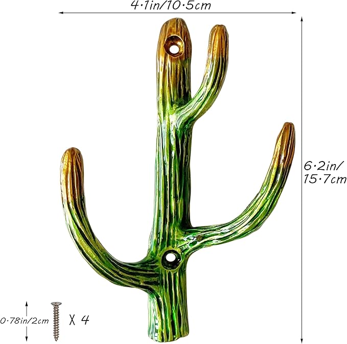 Vintage Cactus-Shaped Decorative Wall Hooks Rack Hangers for Hanging Clothes Coats Towels Keys Hats, 2 Pack Antique Metal Mounted Wall Hook