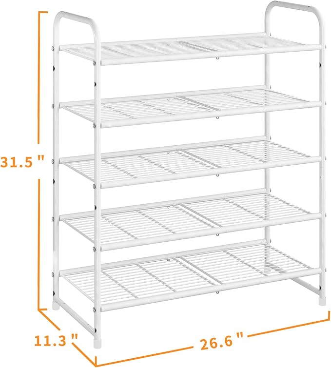 Simple Trending 5-Tier Stackable Shoe Rack, Expandable & Adjustable Shoe Organizer Storage Shelf, Wire Grid, White