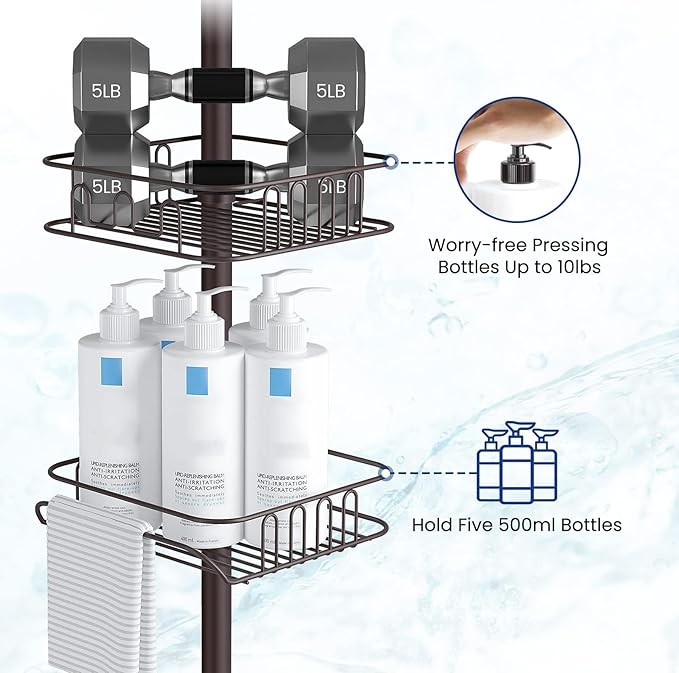 SEIRIONE Rustproof Shower Caddy Corner and Shower Organizer Corner for Bathroom,Corner Shower Caddy Tension Pole with 4 Adjustable Baskets for Shower Accessories, 34 to 116 Inch Height, Oil Bronze