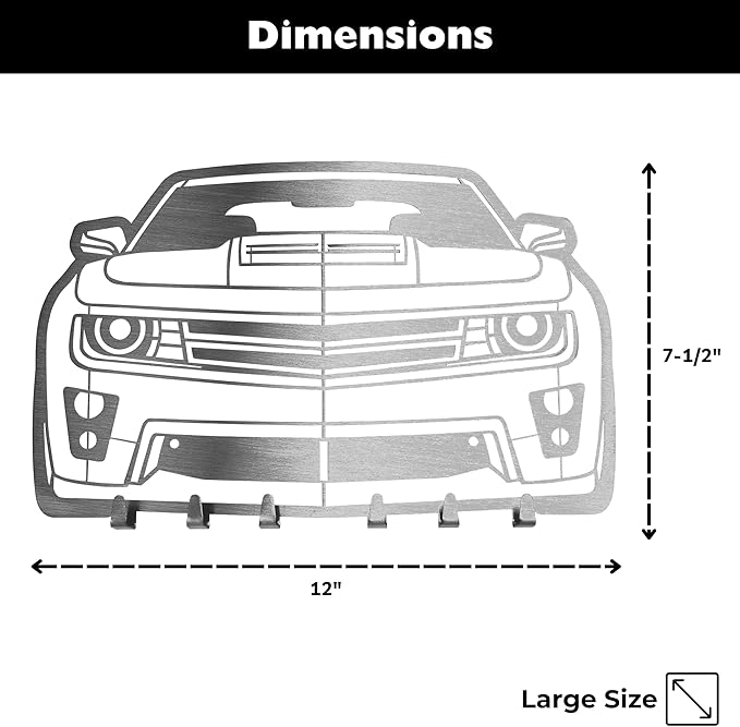 MOOH Car Key Holder for Wall - Metal Automotive Key Holder with 6 Hooks - Unique Car Gift for Men, Women, Car Lovers & Enthusiasts - Cool Man Cave Decor (Chevy Camaro 2014, Stainless Steel)