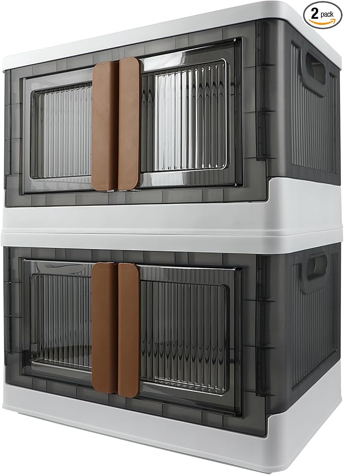 Storage Bin, Plastic Cabinet, 8.4 Gallon Capacity (32L Per One), 2 Pack, Collapsible Box with Lids, Foldable Drawer, Transparent, Organizers for Home and Office